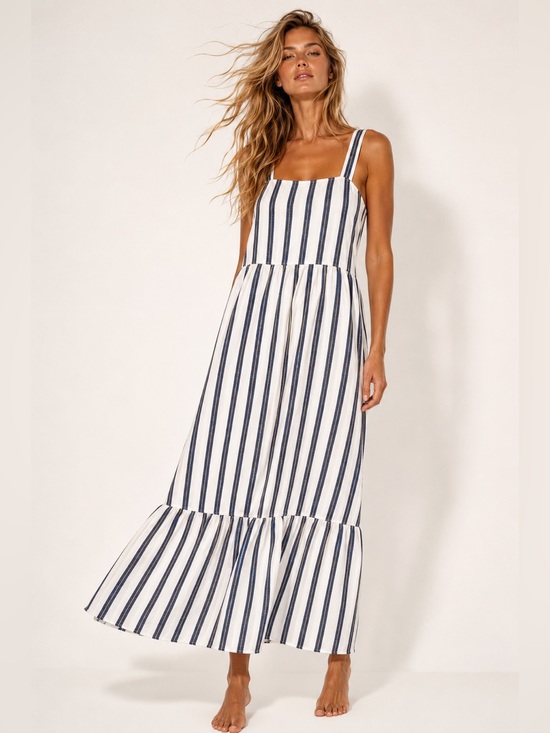 crown & ivy Dresses & Skirts - Crown & Ivy Maxi Dress White Navy Gold Stripe Cotton Coastal Resort 4th of July